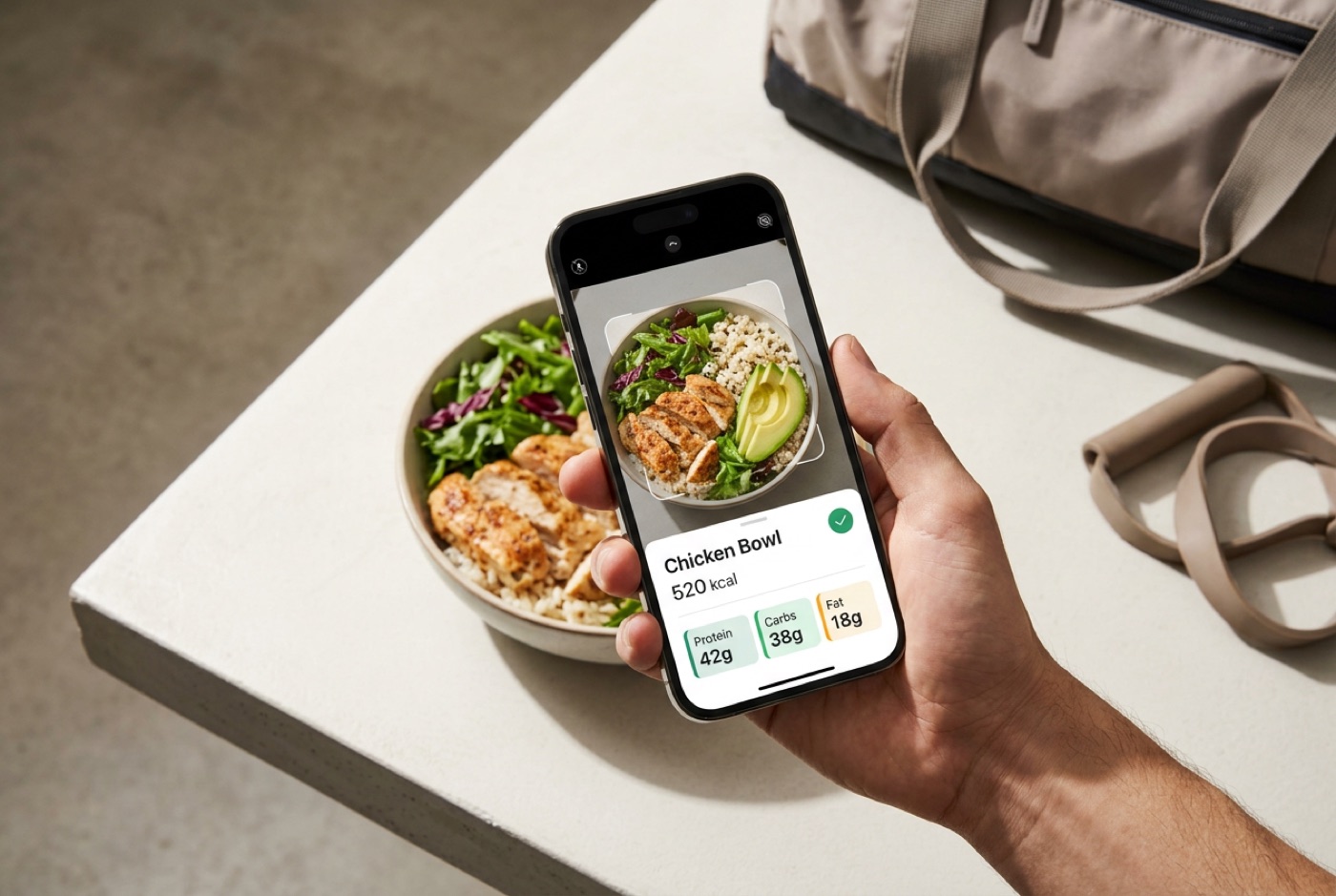 Member photographing a chicken bowl — calories and macros appear instantly on screen